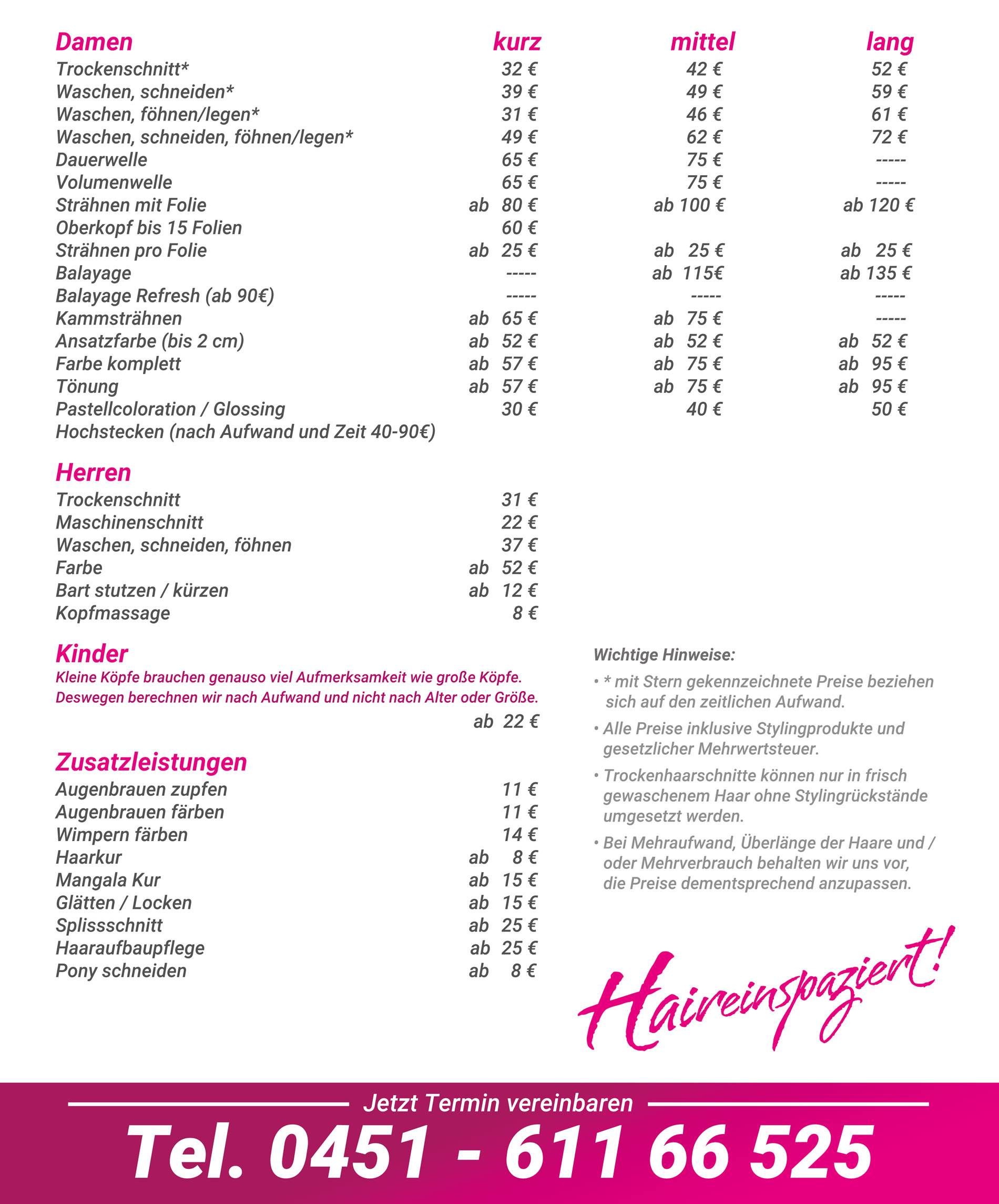 Preisliste Stand 04.09.2025